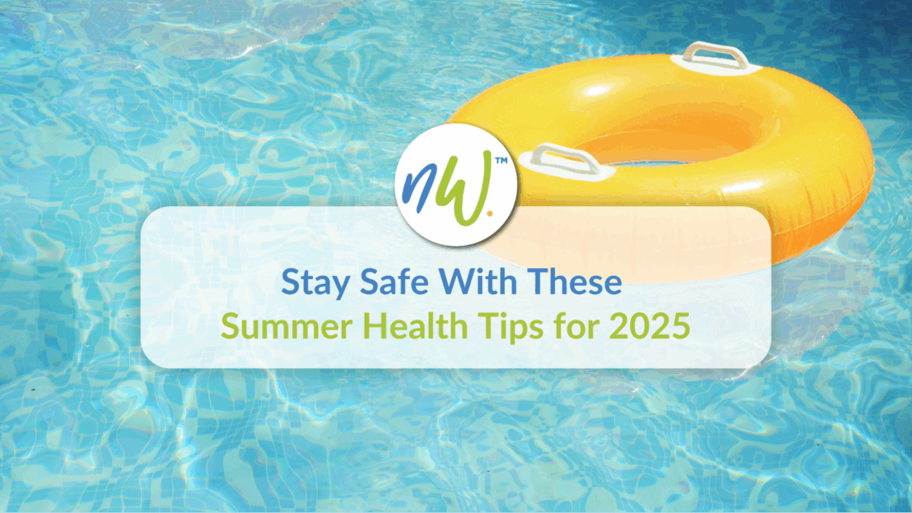 Swimming pool and yellow inner tube with text "Stay Safe With These Summer Health Tips for 2025"