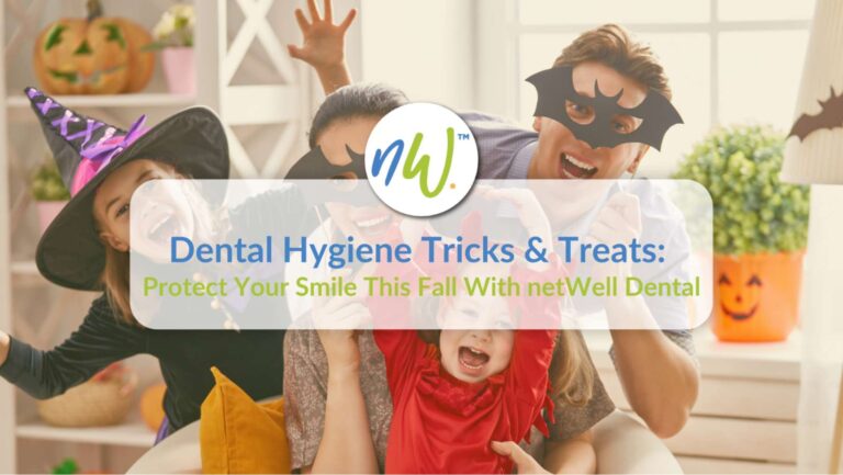A family in Halloween costumes with a graphic promoting netWell Dental plans and dental hygiene.